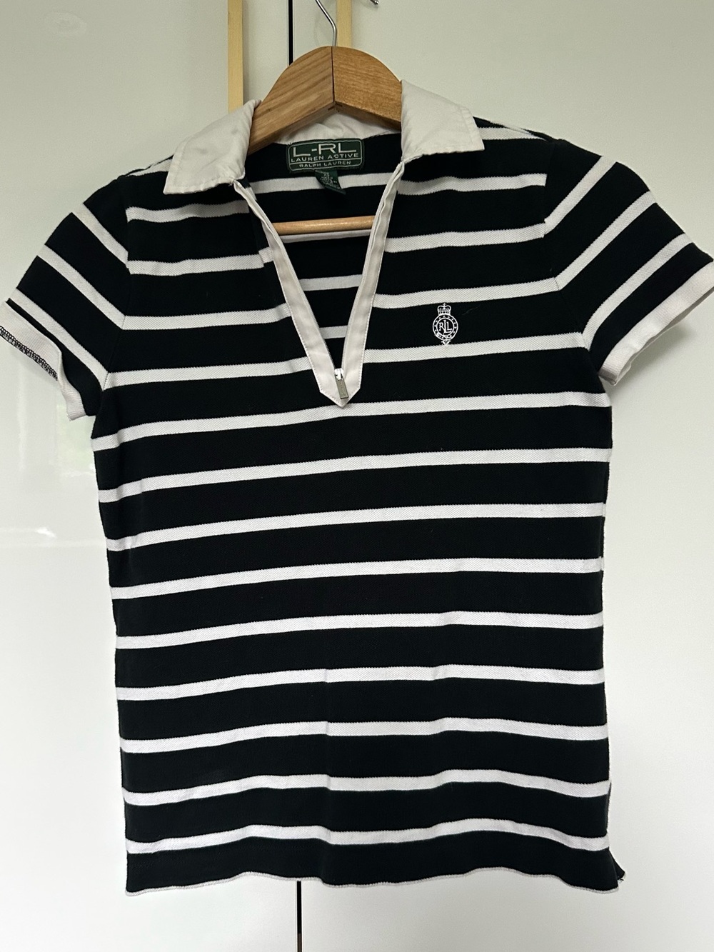 Ralph Lauren Black and White Striped Short-Sleeve Polo XS